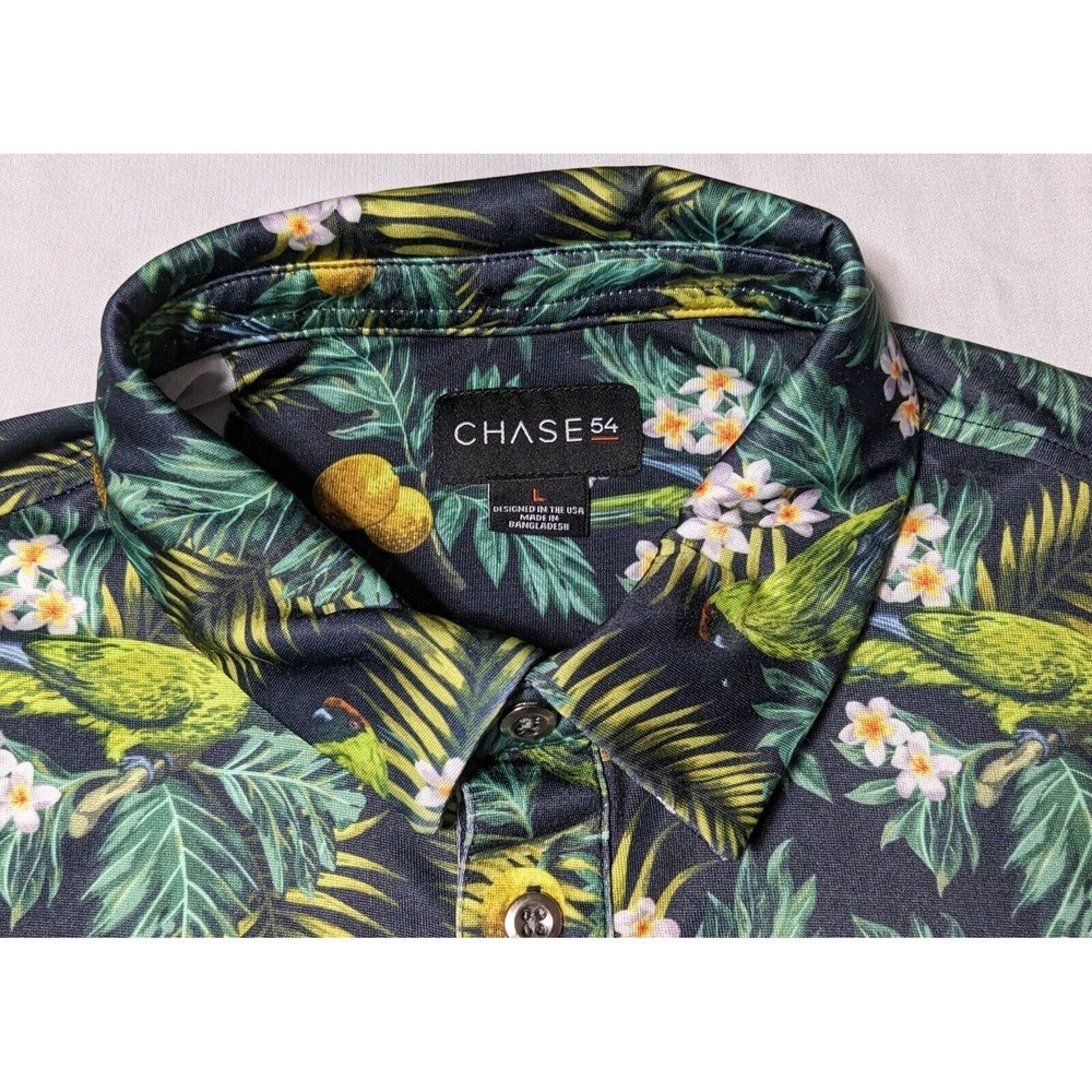 CHASE‎ 54 Men Large Cotton Stretch Green Floral Tropical Lemon Golf Polo - Picture 6 of 15